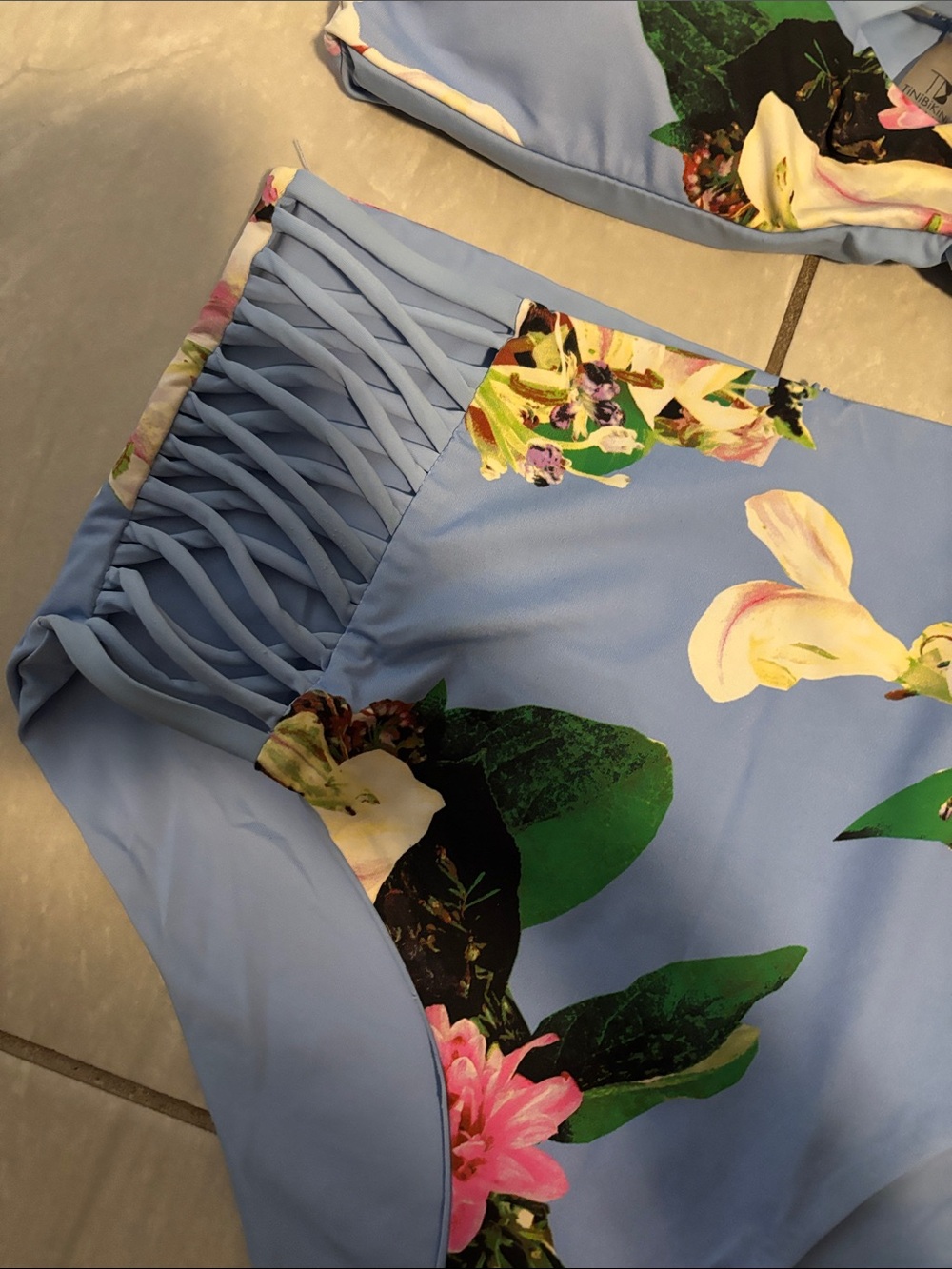 Women’s TiniBikini Light Blue Floral Strappy Two-Piece High Rise Bottoms - Picture 3 of 10